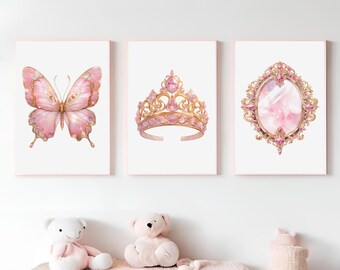 Princess Glam Wall Art Set – Pink Butterfly, Crown & Jewel Printable – Elegant Royal Aesthetic Decor for Girls Room And Nursery