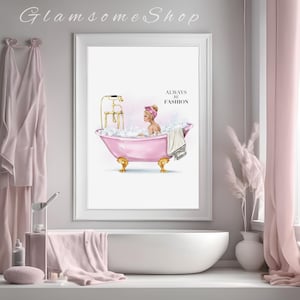 Luxury Bath Wall Art – Chic Fashion Illustration – Pink Clawfoot Tub Print for Bathroom & Vanity Decor, Beauty Salon Decor, Spa Poster