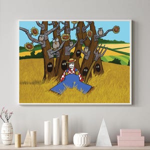 Ilustración de árbol caprichoso / Arte de pared con adorables búhos: decoración de pared única para amantes de la naturaleza