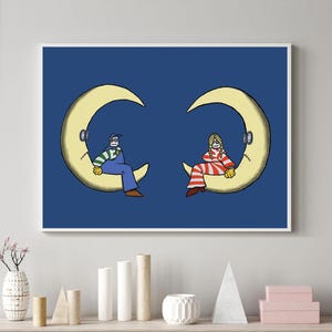 Compañeros de luna creciente / Arte de amistad de ensueño: figuras celestiales tipo muñeca, póster de pared inspirador para vibras positivas