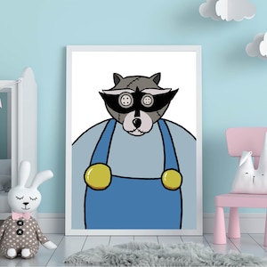 Quirky Raccoon Wall Art for Kids | Stitched Face Raccoon Illustration - Nursery Room animal doll wall art