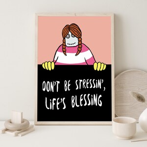 Póster de dibujos animados para aliviar el estrés / Decoración con personajes de dibujos animados inspiradores: cita inspiradora para aliviar el estrés y generar positividad