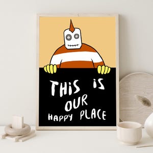 Poster con citazione Happy Place / Decorazione murale con vibrazioni positive - Poster con bambola dei cartoni animati stravagante per le camerette dei bambini