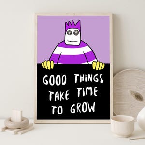 Arte caprichoso de muñeca con ojos de botón con cita inspiradora / Póster de pizarra inspirador para niños - Decoración de arte de pared violeta