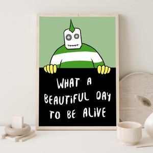 Póster con frase "Beautiful Day" (Hermoso día) / Decoración de pared con vibraciones positivas - Póster de muñeca de dibujos animados caprichosa para habitaciones de niños