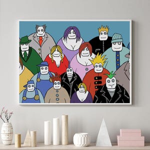 Arte familiar de dibujos animados caprichosos / Personajes diversos parecidos a muñecos - Póster de pared comunitario inspirador para vibras positivas