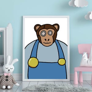 Póster de mono caprichoso / Ilustración de un simpático mono granjero - Arte de monos para la decoración de habitaciones infantiles y guarderías