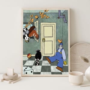 Póster de una granja en una casa / Muñeco granjero con animales de interior / Ilustración divertida con mariposas y animales de granja