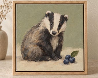 Badger and Blueberries Oil Painting, 20x20cm Small Framed Woodland Animal Art, Sage Green Cottage Decor, Gift for Nature Lovers