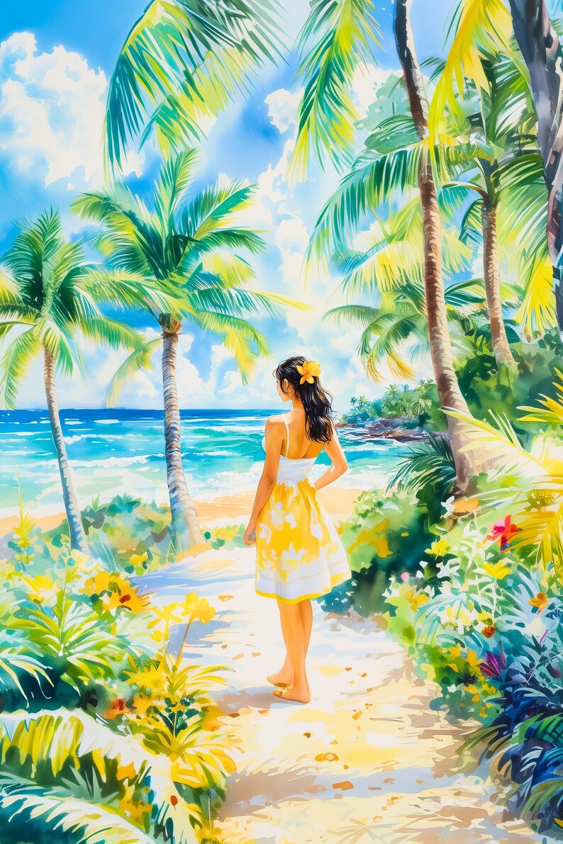 Island Girl, Watercolor Art, Tropical Beach Art, Original Art, Digital