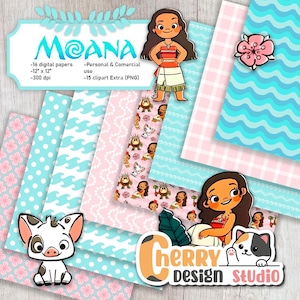 Op de afbeelding: Een digitaal papierpakket met Moana, een Disney-prinses, in een roze en blauwe kleurstelling. Het pakket bevat 16 digitale papieren, 15 clipart-afbeeldingen en is perfect voor knutselen en scrapbooking.