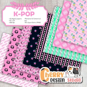 May include: A collection of K-Pop themed digital papers with various patterns, including stars, hearts, musical notes, and lion graphics. The papers are in shades of pink, black, and white, with the text "K-POP" and "Cherry Design Studio" visible.