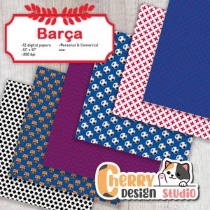 May include: Twelve digital papers featuring a variety of patterns, including soccer balls, a team logo, and geometric designs. The papers are in blue, red, white, and black. The papers are 12 inches by 12 inches and 300 dpi.