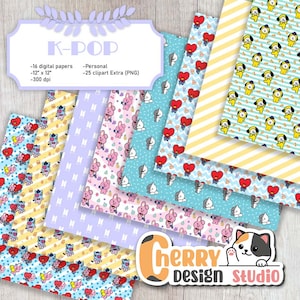 May include: A set of 16 digital papers featuring K-Pop characters in various colors and patterns. The papers are 12 inches by 12 inches and 300 dpi. The set also includes 25 clipart images in PNG format.