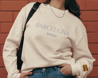Barcelona - Spain | 100% Cotton | Long Sleeve Heavyweight Shirt | White Embroidered Text