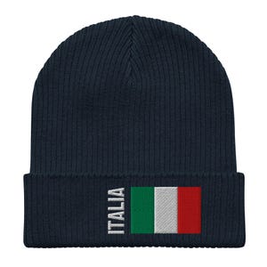 May include: A navy blue knitted beanie with a white "ITALIA" text and the Italian flag embroidered on the front.