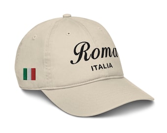 Roma - Italia | 100% Organic Cotton | Baseball Cap Dad Hat | Adjustable | Black Embroidered Text