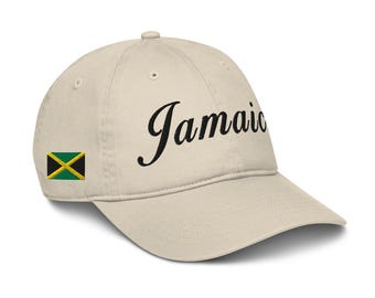 Jamaica / 100 % algodón orgánico / Gorra de béisbol ajustable / Texto bordado en negro