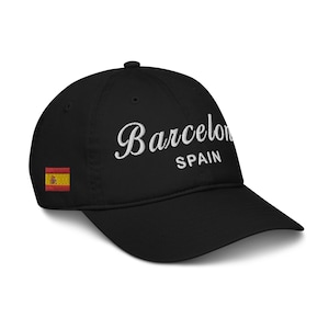 Barcelona - Spain | Baseball Cap Dad Hat | 100% Organic Cotton | Adjustable | White Embroidered Text