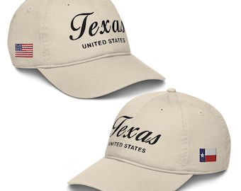 Texas - USA | 100% Organic Cotton | Baseball Cap Dad Hat | Adjustable | Black Embroidered Text