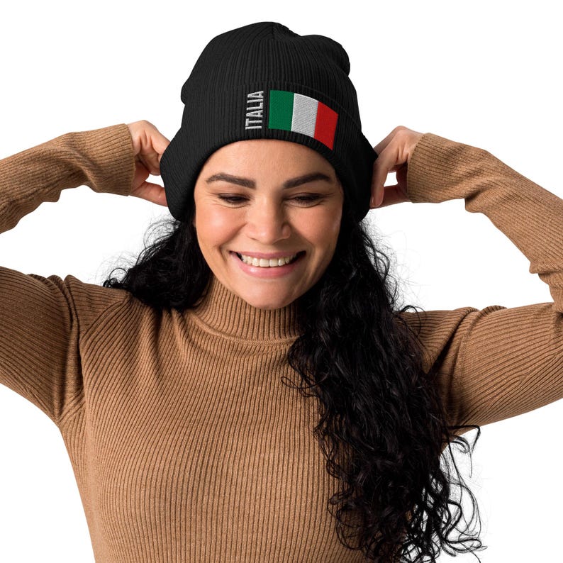 Italy - Italia | 100% Organic Cotton | Beanie Winter Hat | White Embroidered Text and Embroidered Flag