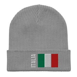 May include: Gray knitted beanie with a white embroidered Italian flag and the word "ITALIA" on the cuff.