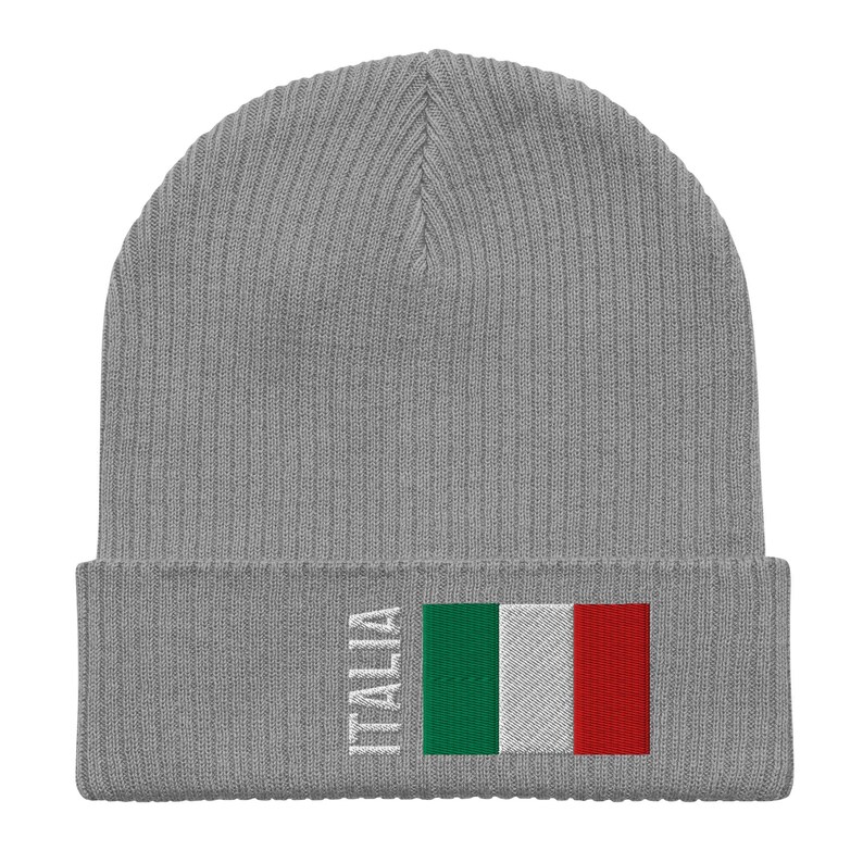 May include: Gray knitted beanie with a white embroidered Italian flag and the word "ITALIA" on the cuff.