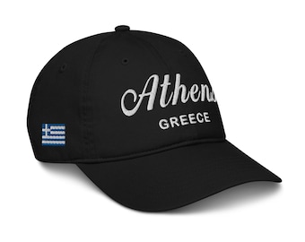 Atenas - Grecia / 100 % algodón orgánico / Gorra de béisbol ajustable / Texto bordado en blanco