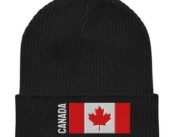 Canada | 100% Organic Cotton | Beanie Winter Hat | White Embroidered Text and Embroidered Flag