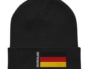 Germany - Deutschland | 100% Organic Cotton | Beanie Winter Hat | White Embroidered Text and Embroidered Flag