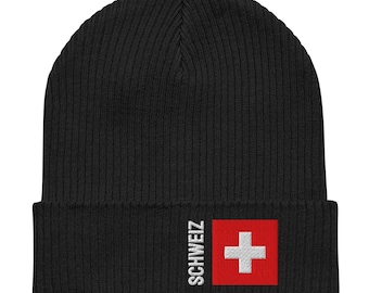 Switzerland - Schweiz | 100% Organic Cotton | Beanie Winter Hat | White Embroidered Text and Embroidered Flag