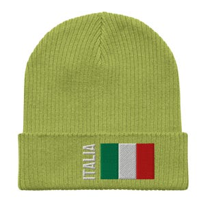 May include: A green knitted beanie with the Italian flag and the word "ITALIA" embroidered on the front.