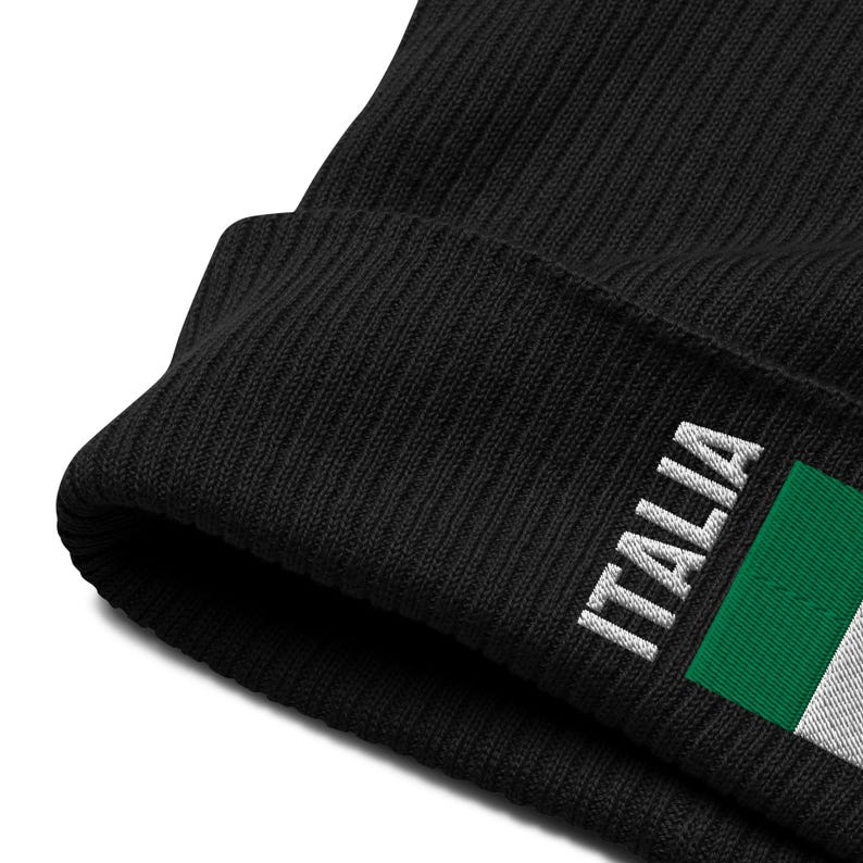 May include: Black beanie with a white embroidered "ITALIA" and a green, white, and red Italian flag.
