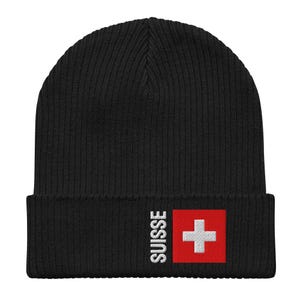 Switzerland - Suisse | 100% Organic Cotton | Beanie Winter Hat | White Embroidered Text and Embroidered Flag
