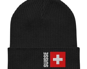 Switzerland - Suisse | 100% Organic Cotton | Beanie Winter Hat | White Embroidered Text and Embroidered Flag