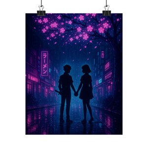 Anime Holographic Cherry Blossom Matte Vertical Posters, Cyberpunk Wall Art for Bedroom Decor, Romantic Neon Tokyo Poster Print, Gift for