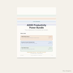 Pode incluir: Um documento digital intitulado ADHD Productivity Power Bundle que inclui três planejadores: ADHD Weekly Planner, Executive Function Worksheet Pack e Visual Habit Tracker. O layout apresenta barras horizontais em tons pastel.