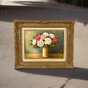 Japans vintage bloemenstilleven-olieverfschilderij uit het midden van de eeuw, bloemenschilderij, antieke Japanse kunst, originele olieverf op canvas