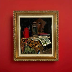 Japans vintage stillevenolieverfschilderij, gesigneerde eclectische objectkunst, lantaarn en speelgoedfiguur, antiek realistisch schilderij, sierlijke lijstdecor