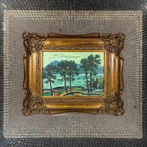 Japans vintage midden van de eeuw kustlandschapsolieverfschilderij, zeegezichtkunst, antieke Japanse schilderkunst, houten sierlijke lijst, kunst uitzicht op de oceaan