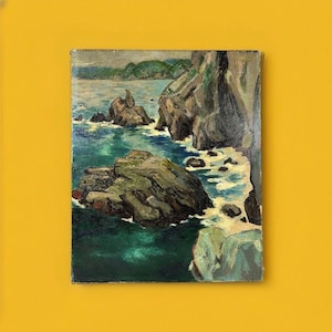 Japans vintage landschapsolieverfschilderij uit het midden van de eeuw, antiek Japans olieverfschilderij, zeegezichtolieverfschilderij, landschapskunst impressionisme
