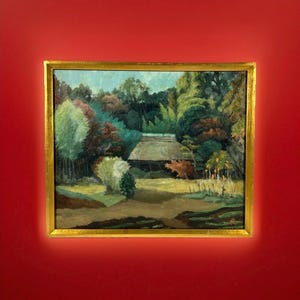 Japans vintage landschapsolieverfschilderij uit het midden van de eeuw, huis met rieten dak, bosgezicht, antieke Japanse kunst, rustiek, landelijk decor