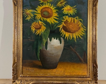 1955 Japanese Semi Antique Sunflowers In Pot Still Life Oil Painting, Vintage Floral Still Life Oil Painting, Solid Wood Frame