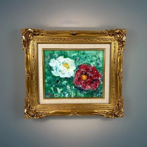 Japans vintage halverwege de eeuw bloemen stilleven olieverfschilderij, pioenroos schilderen, Japans olieverfschilderij, originele olieverf op canvas