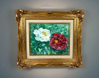Quince Flower and Sake Jar Oil Painting: Oriental Style Framed Art