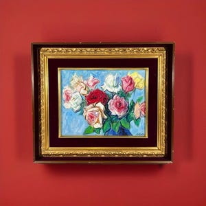 Japans vintage bloemenstilleven-olieverfschilderij uit het midden van de eeuw, rozenschilderij, bloemenschilderij, antiek Japans schilderij, originele olieverf aan boord