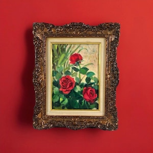 Japanese vintage mid-century floral still life oil painting, flower oil painting, antique Japanese art, original oil on canvas,Rose painting