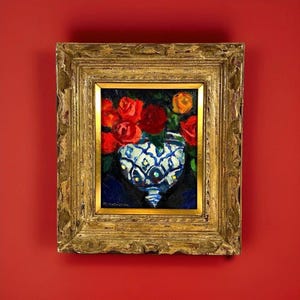 Japanese vintage mid-century floral still life oil painting, Rose Painting, Flower painting, antique Japanese art, original oil on canvas