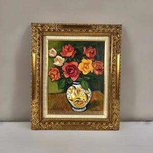 Japanese vintage mid-century floral still life oil painting, flower oil painting, antique Japanese art, original oil on canvas,Rose painting