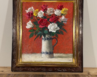 1988 Japanese Modernist Roses In Vase Floral Still Life Oil Painting In Ornate Solid Wood Frame